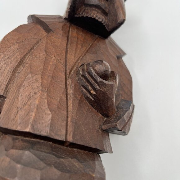 Vintage Hand Carved Brown Wooden Folk Art Figurine Rustic Man Mid Century Statue - Picture 9 of 10